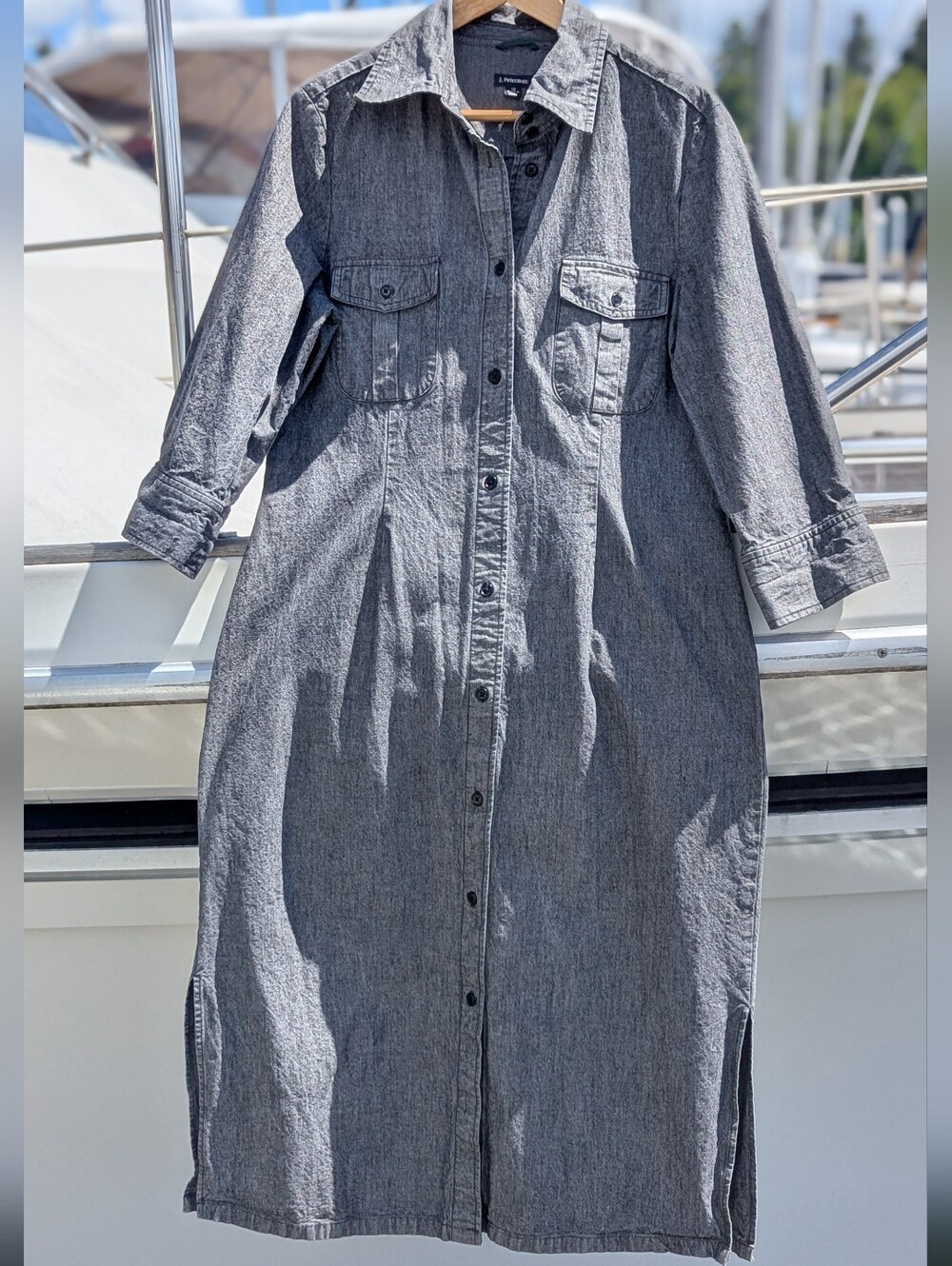 J. Peterman | Gray Denim 3/4 Length Sleeve Shirt Dress Size 12 Button Front